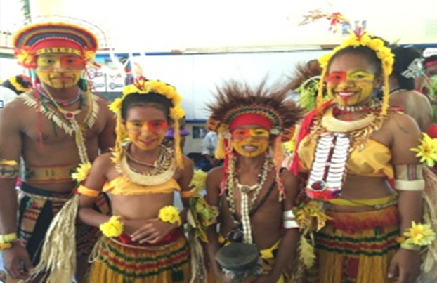 A group of Papau New Guinean Children in traditional dress